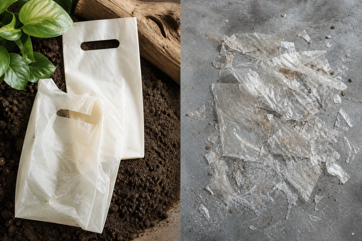 Comparación visual entre bolsas biodegradables y oxo-biodegradables