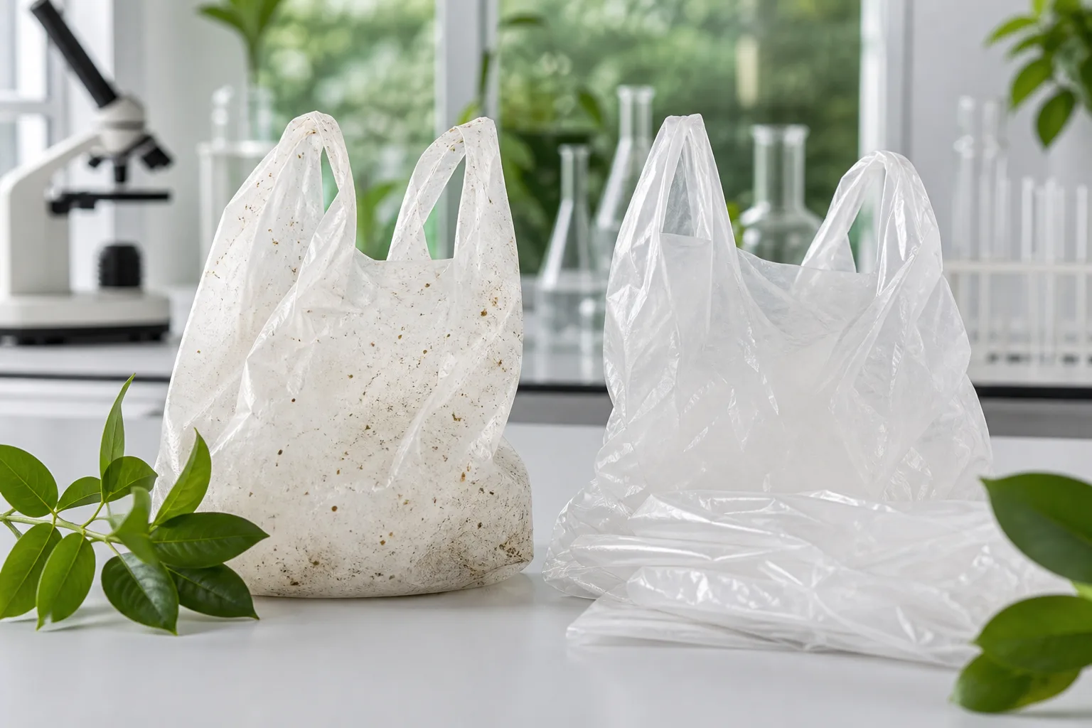 Comparativa de bolsas compostables y de polietileno en mesa de laboratorio