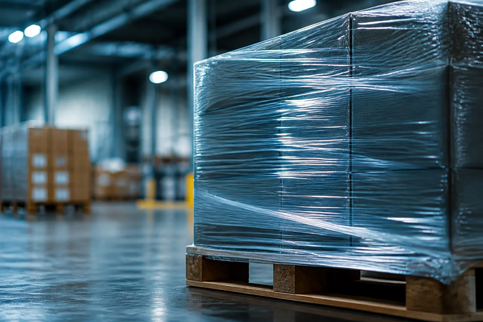 Pallet envuelto con película stretch industrial en bodega
