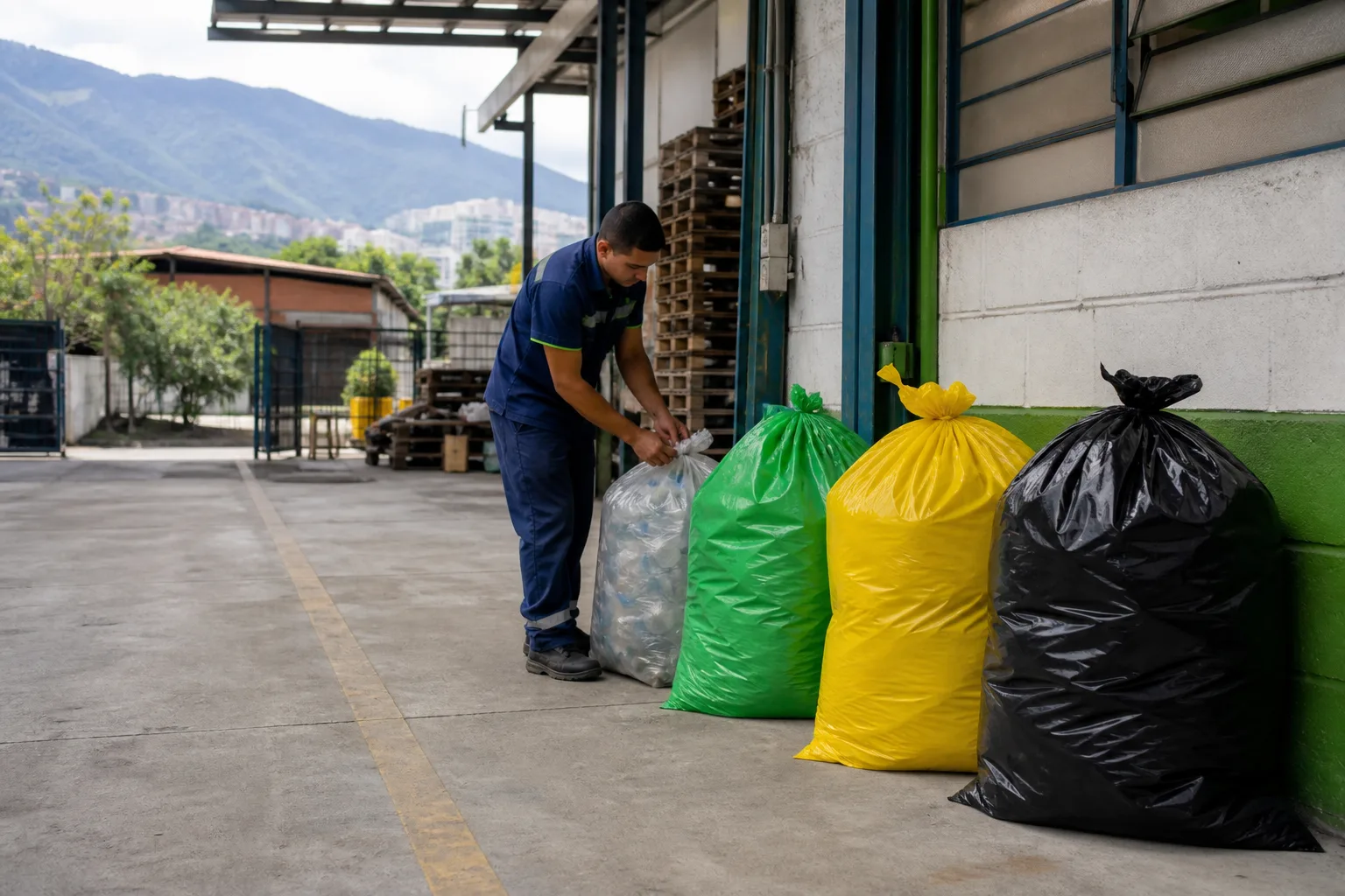 Bolsas de colores para separación de residuos en bodega de PYME