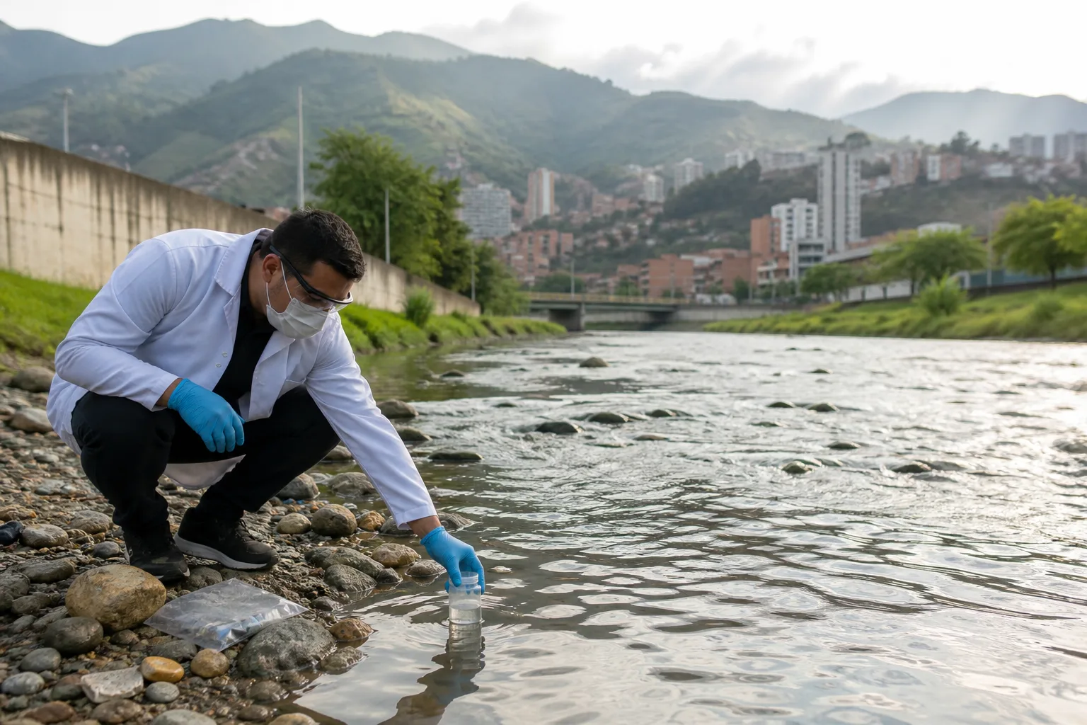 Muestreo ambiental junto al río Medellín entre montañas urbanas