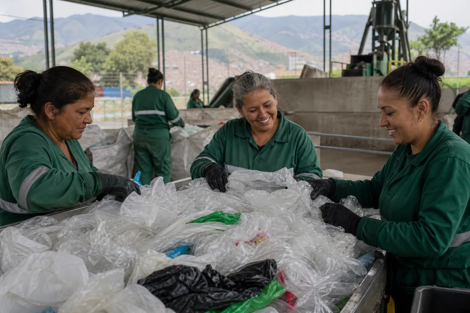 Clasificación de bolsas plásticas en centro de acopio formal de Medellín